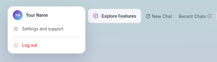The Mentivox profile menu open, showing Settings and support above Log out