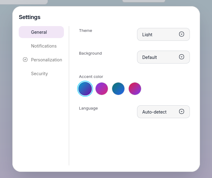 The Mentivox settings panel on the General tab, with General, Notifications, Personalization and Security listed down the left