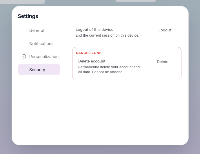 The Security tab of Mentivox settings, showing the red-outlined Danger Zone containing the Delete account row